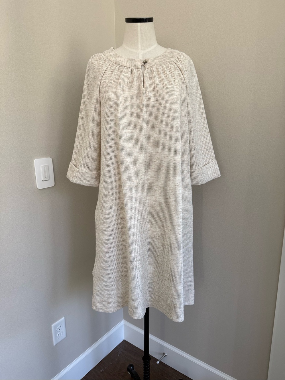 Pristine Vintage Leslie Fay Cream Knit Midi Dress with Button Neck